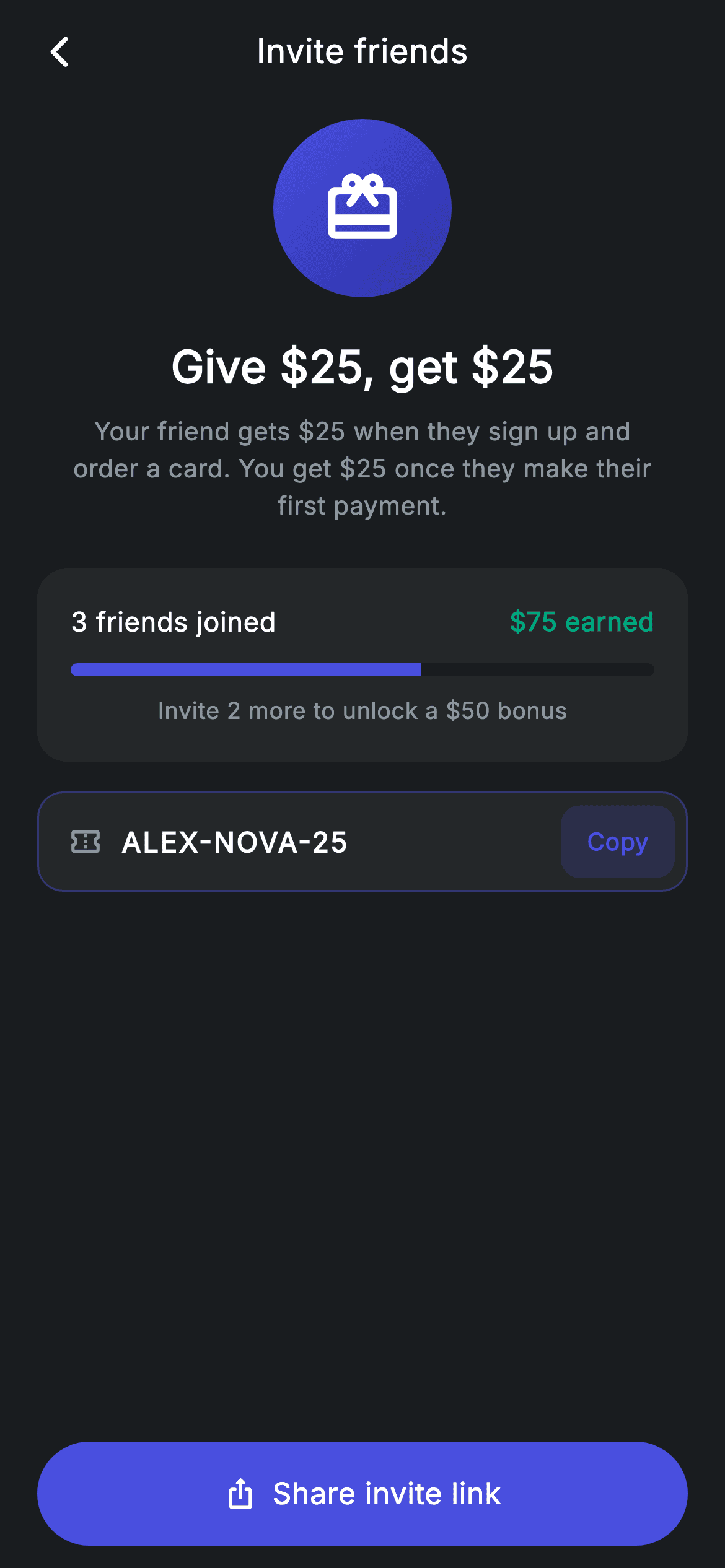 Referral — Fintech Flutter screen