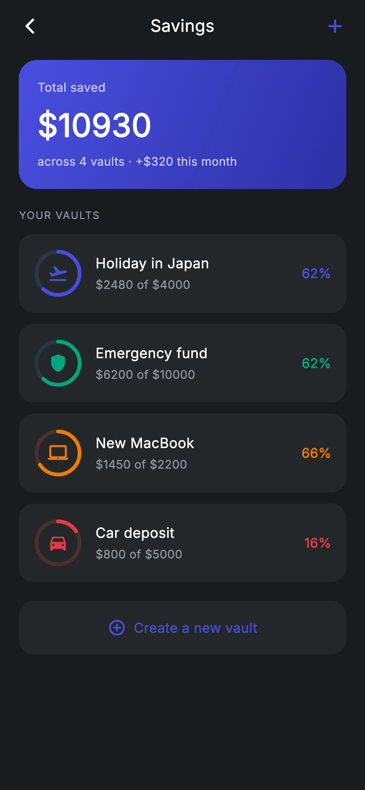 Savings vaults — Fintech Flutter screen