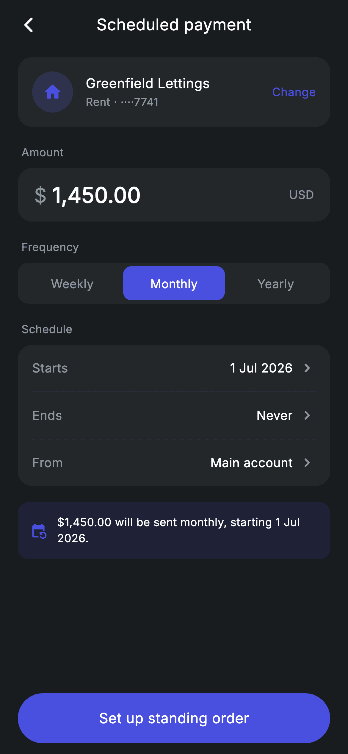 Fintech · Scheduled Payment — Fintech Flutter UI screen