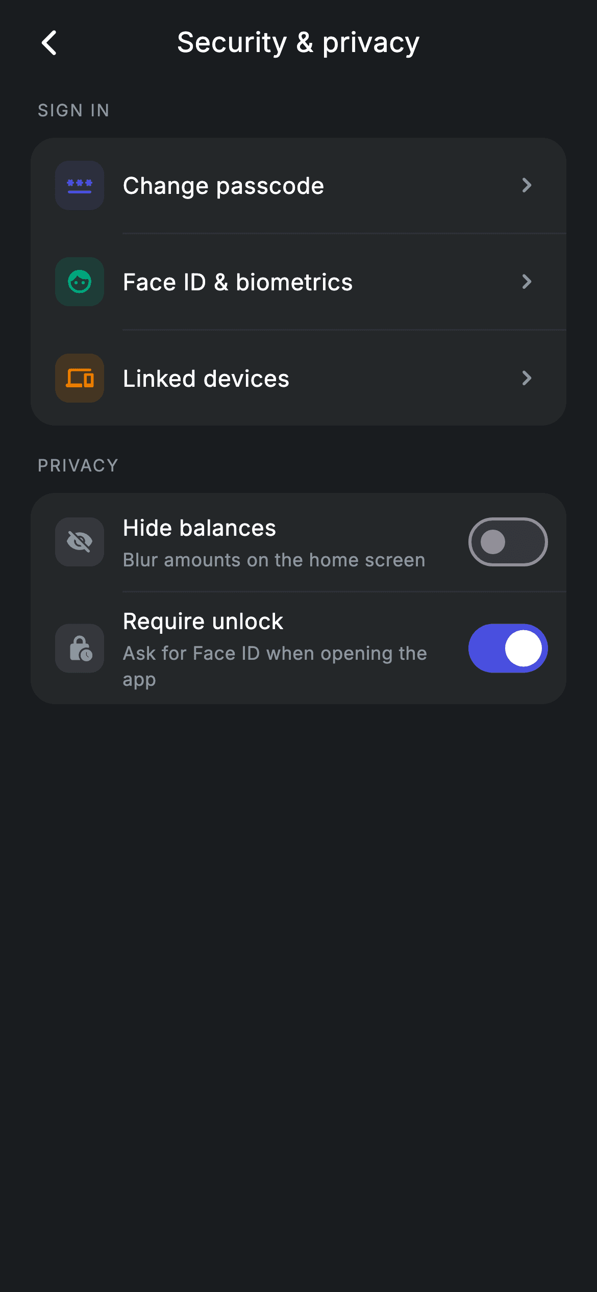 Security & privacy — Fintech Flutter screen