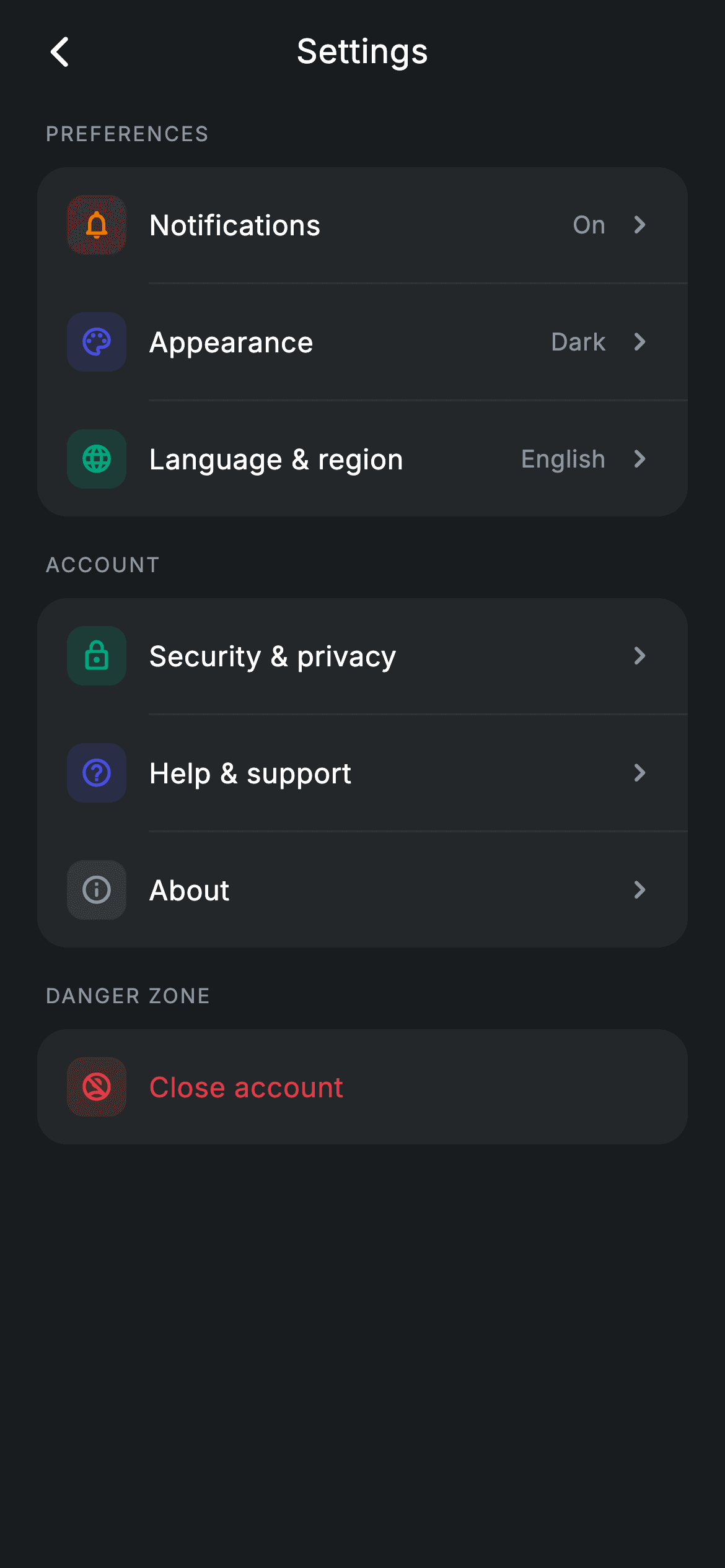Settings hub — Fintech Flutter screen