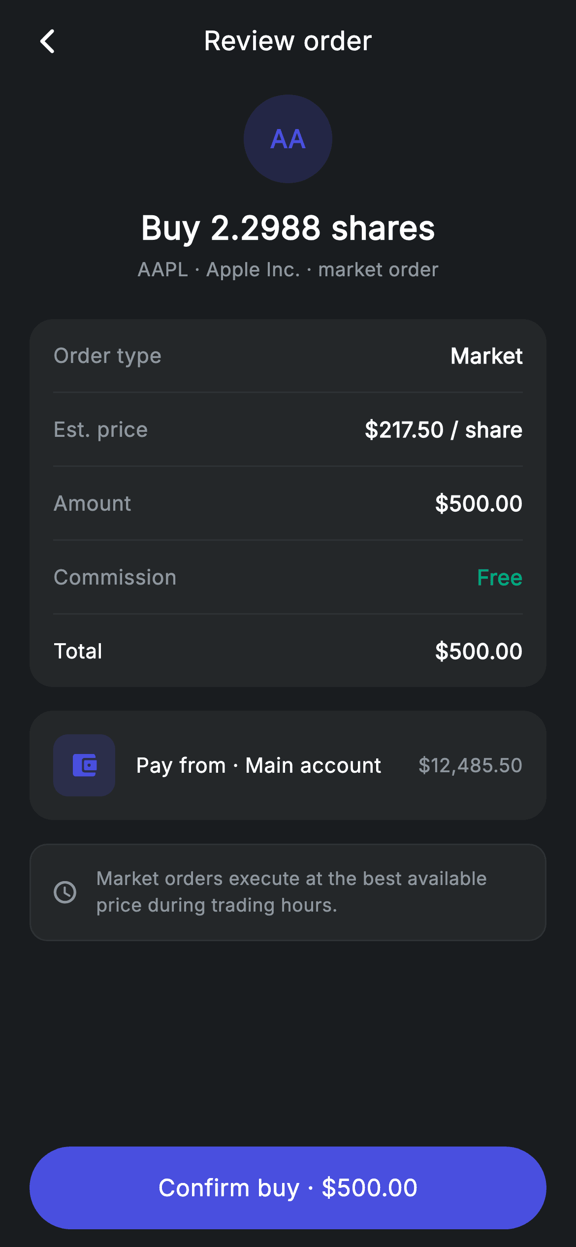 Stock Order Review — Fintech Flutter screen