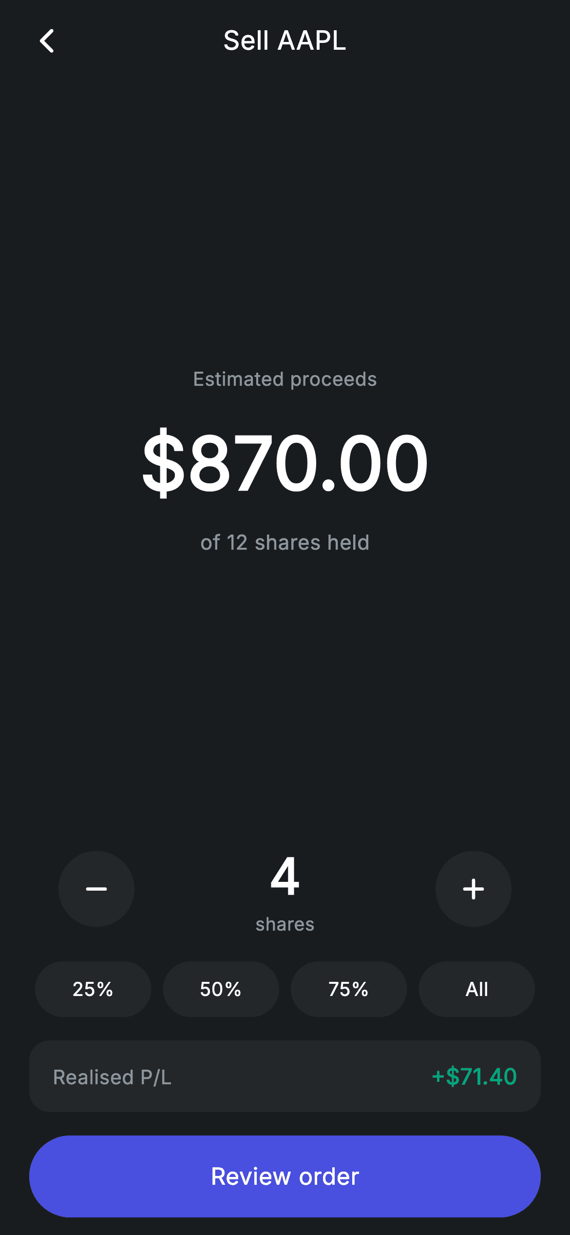 Stock Sell — Fintech Flutter screen