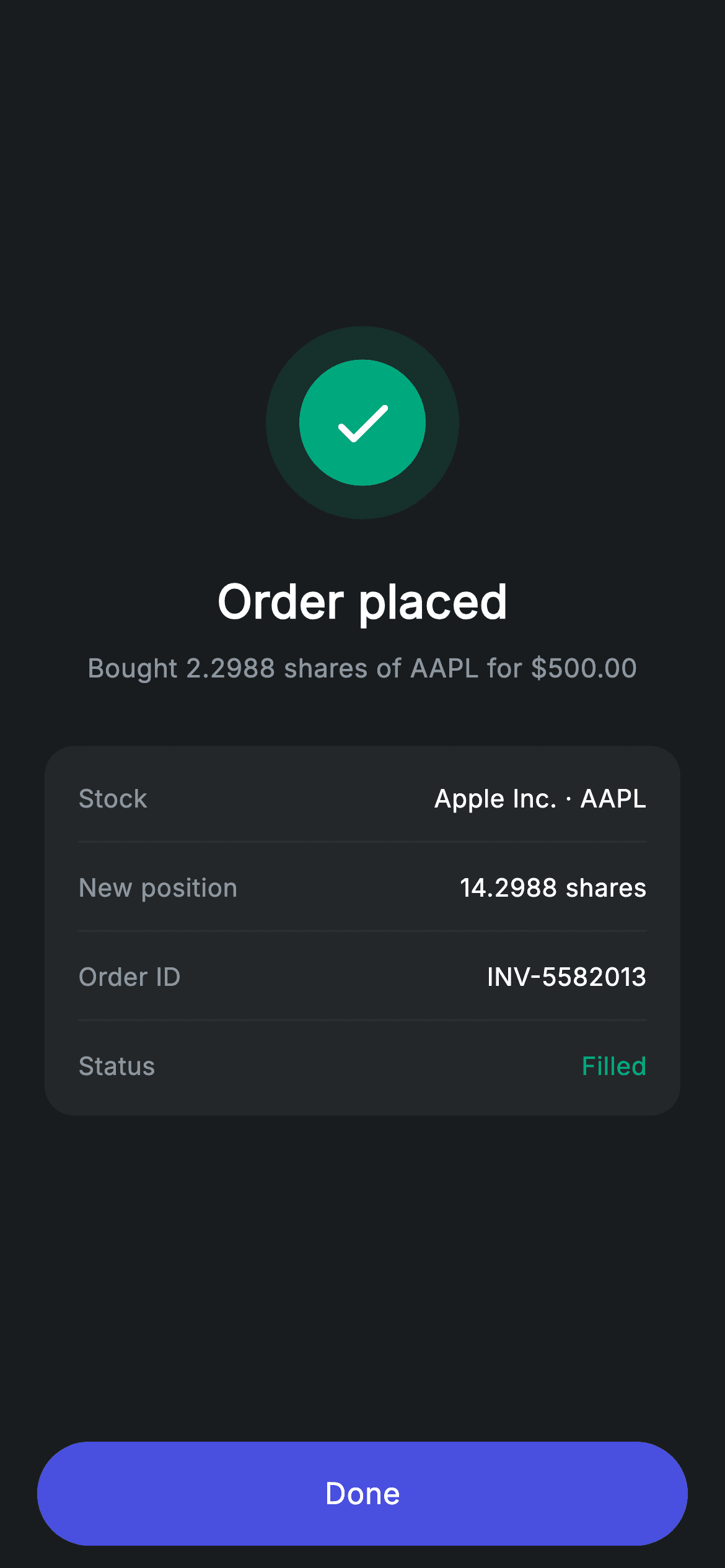 Stock Order Success — Fintech Flutter screen
