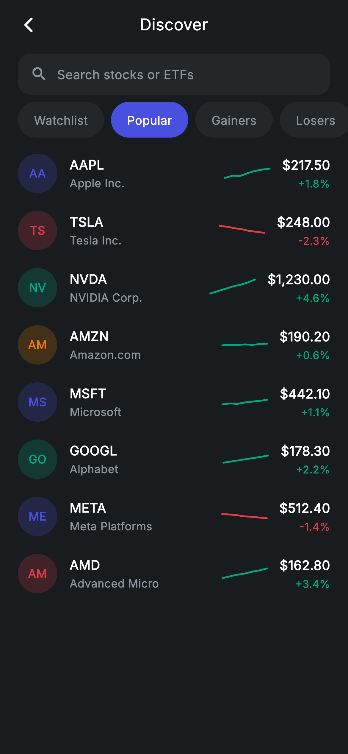 Stocks Discover — Fintech Flutter screen