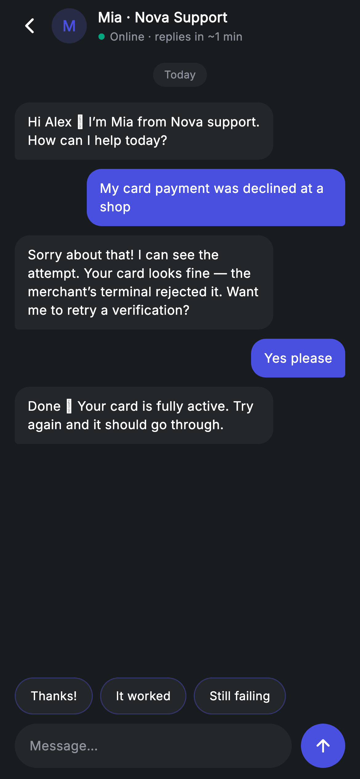 Support Chat — Fintech Flutter screen