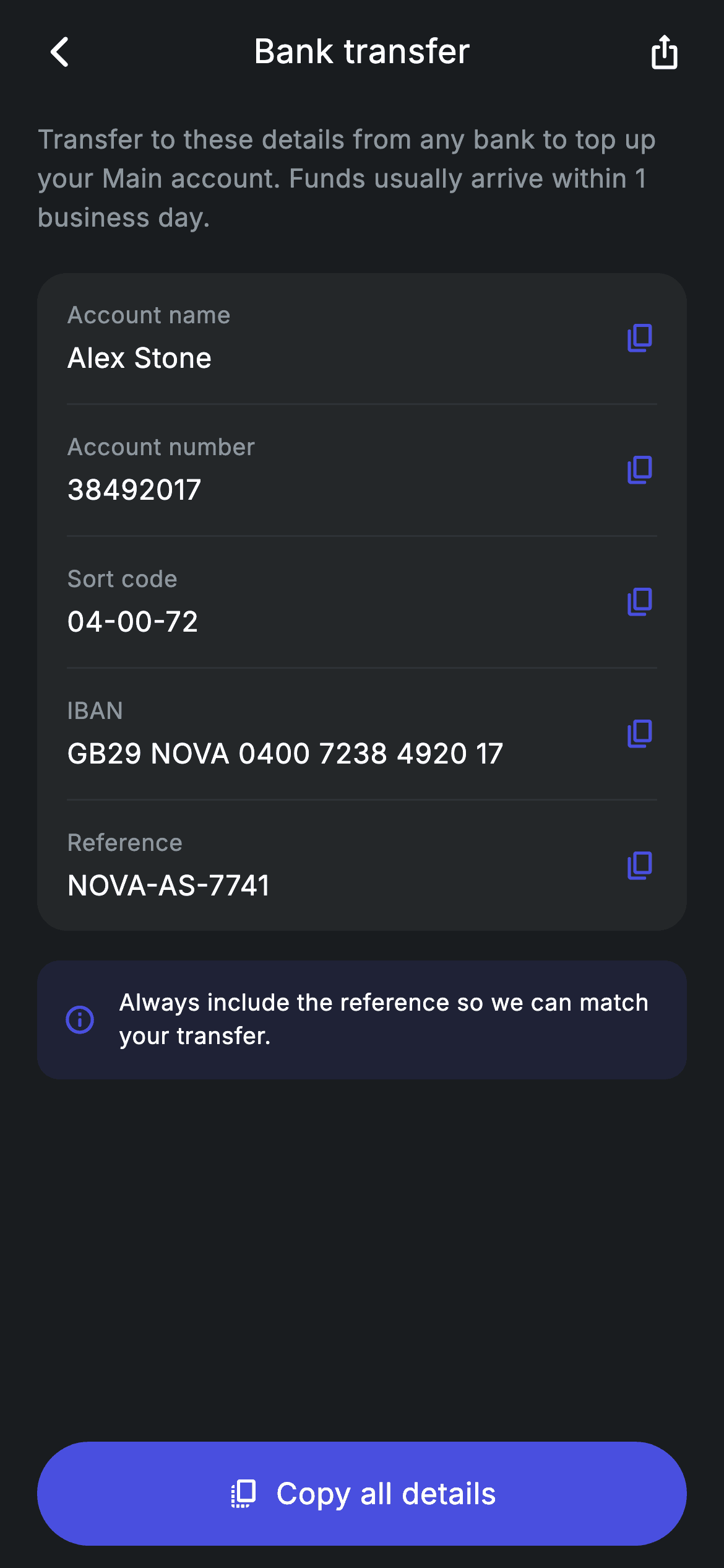 Top-up Bank Details — Fintech Flutter screen