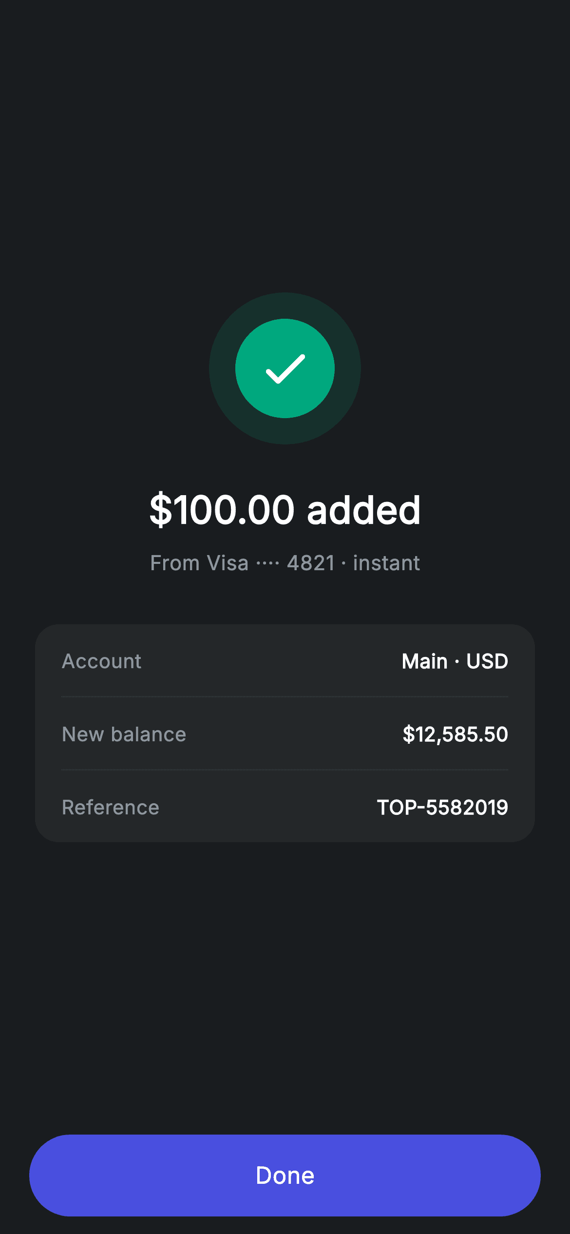 Top-up Success — Fintech Flutter screen