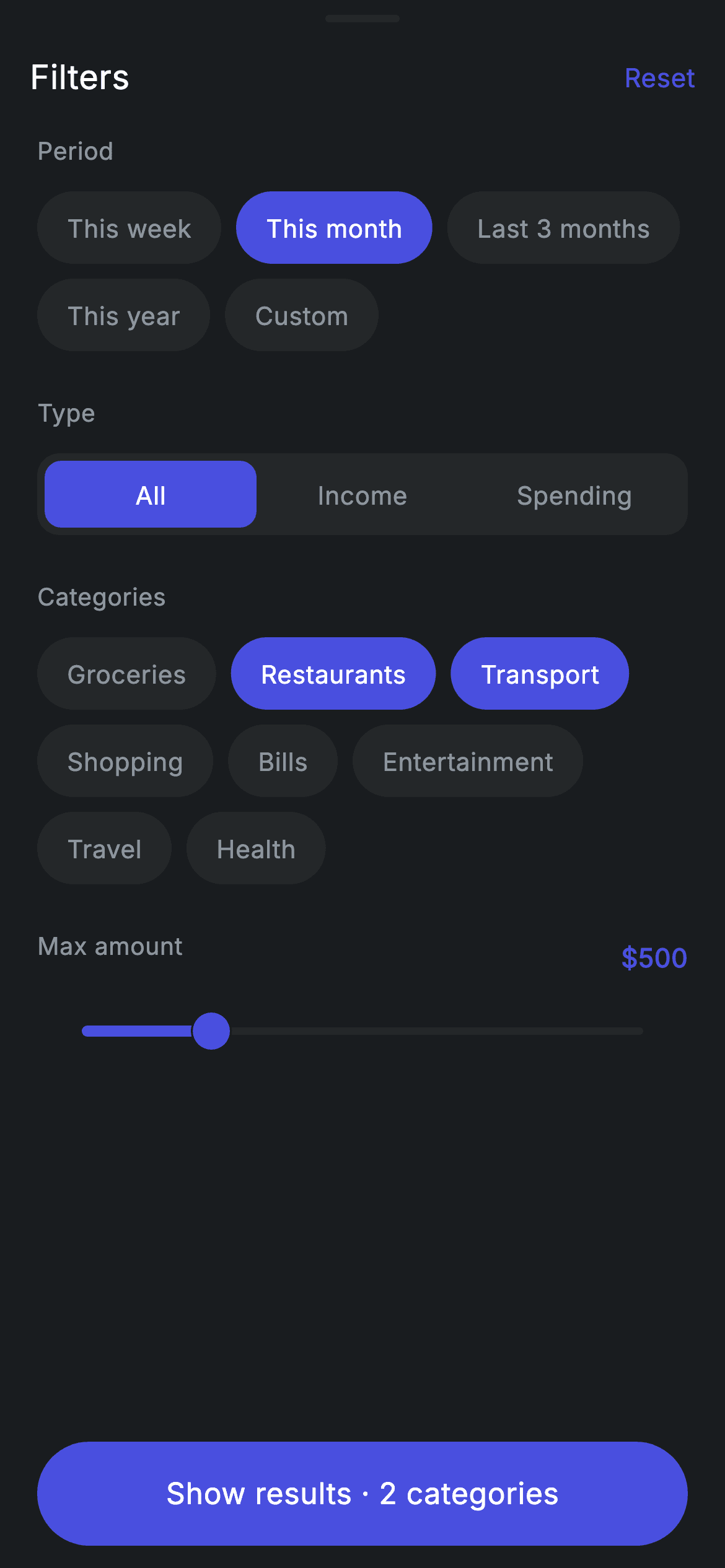 Transaction Filter — Fintech Flutter screen