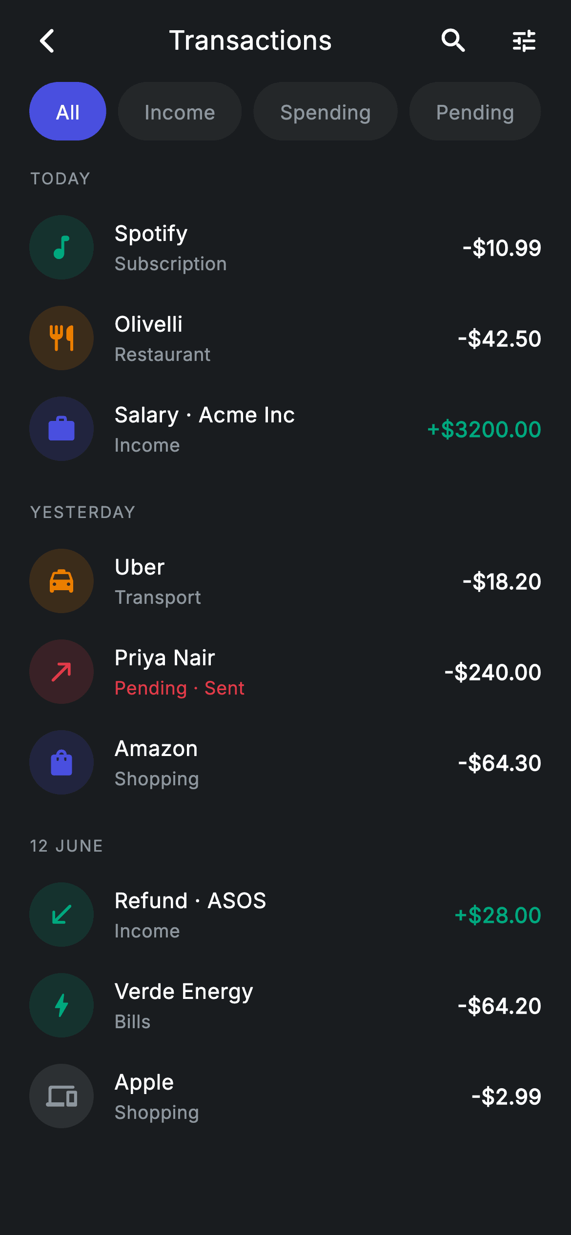 Transactions — Fintech Flutter screen