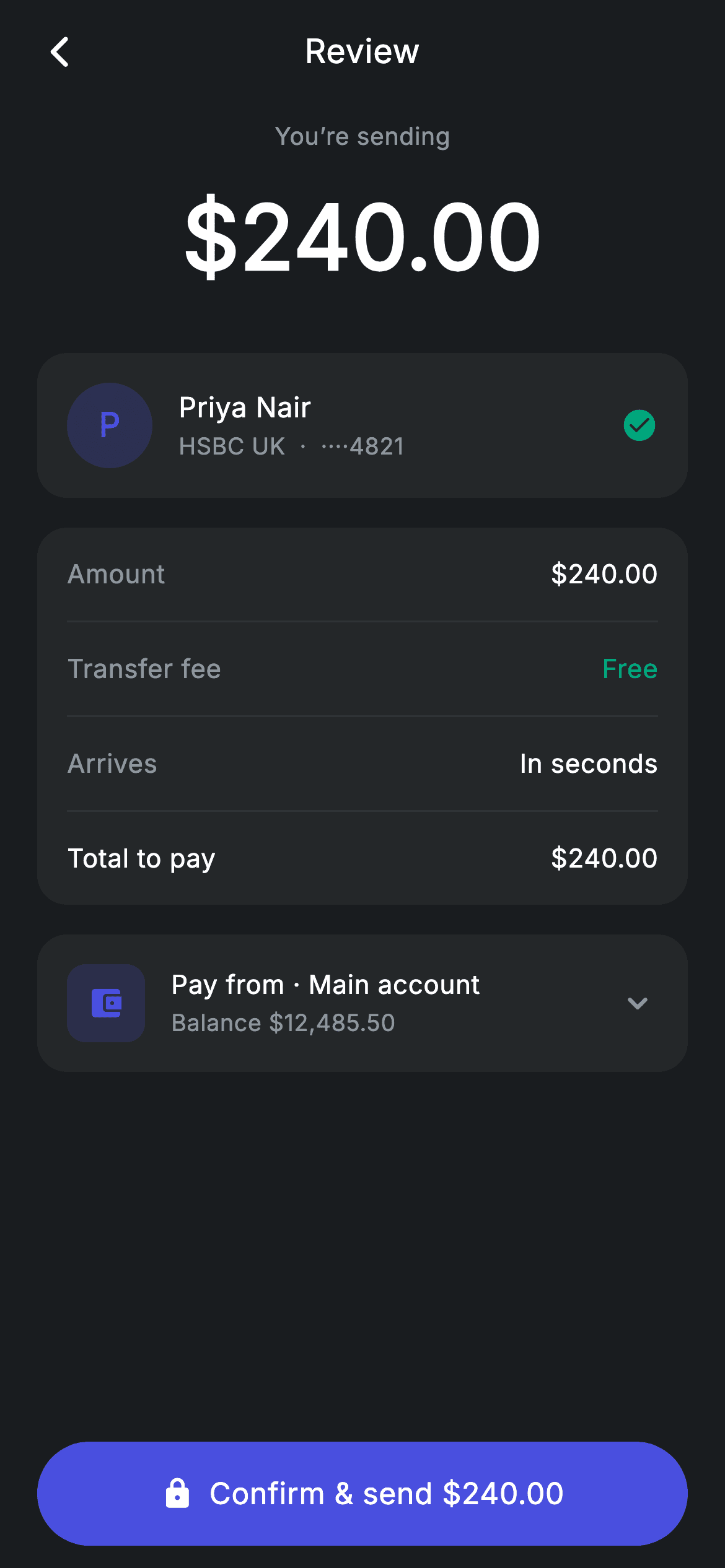 Transfer Review — Fintech Flutter screen