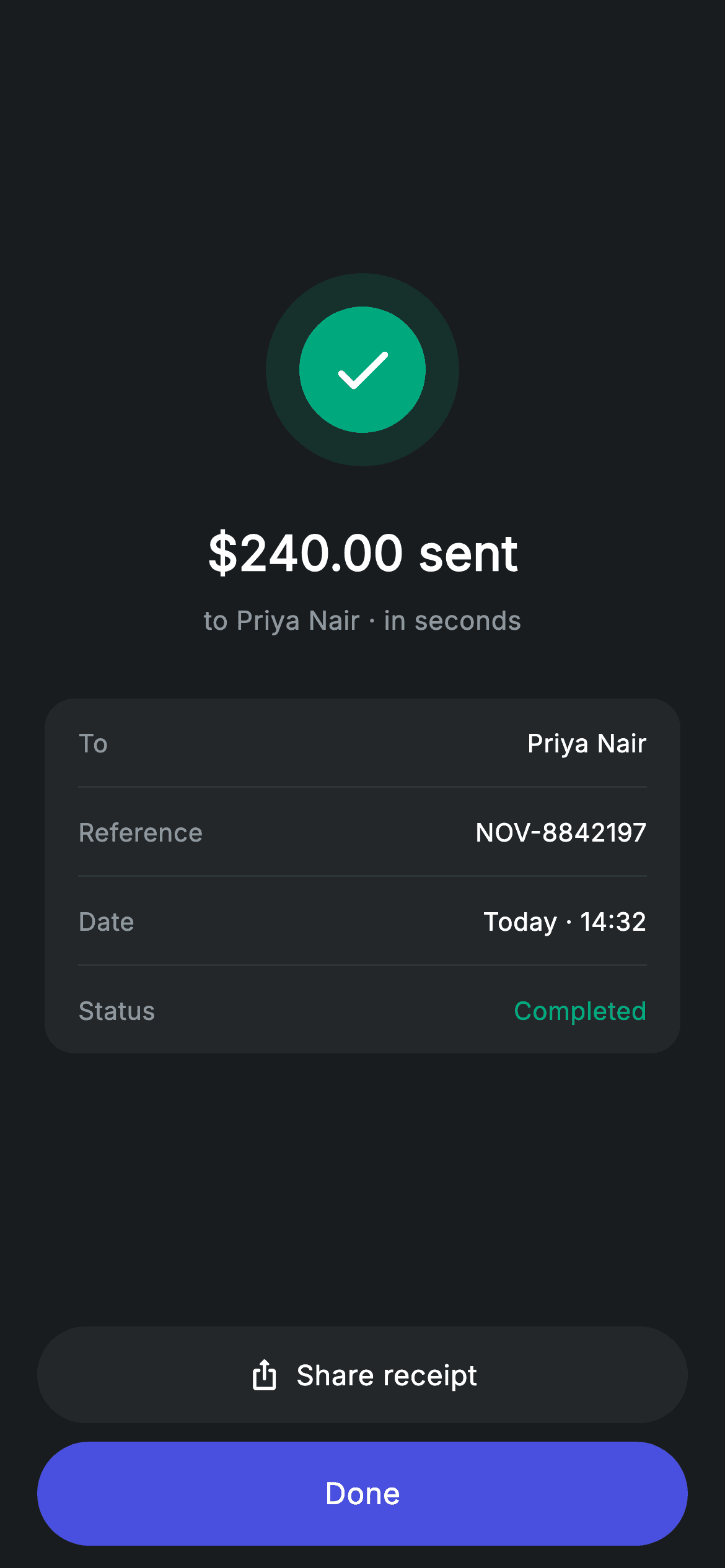 Transfer Success — Fintech Flutter screen