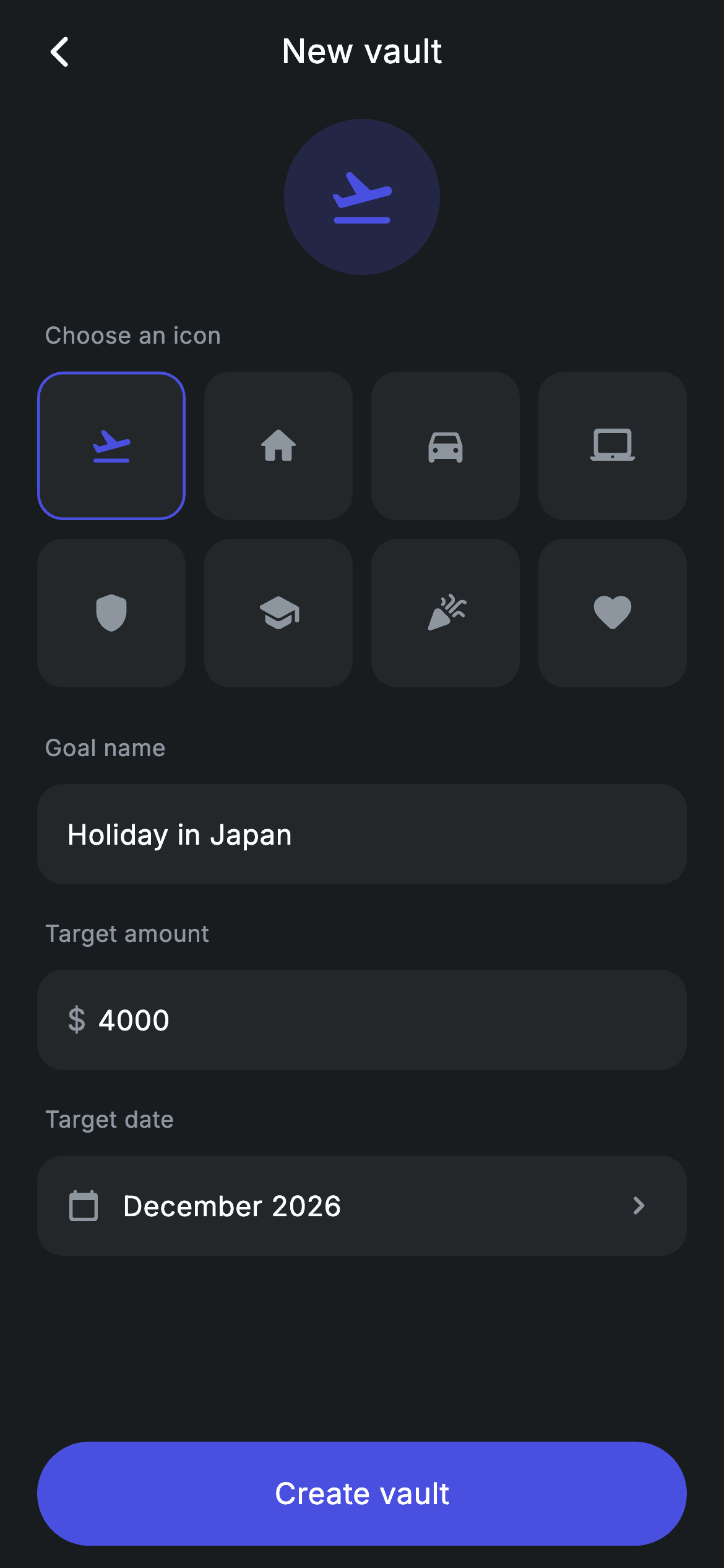 Vault Create — Fintech Flutter screen