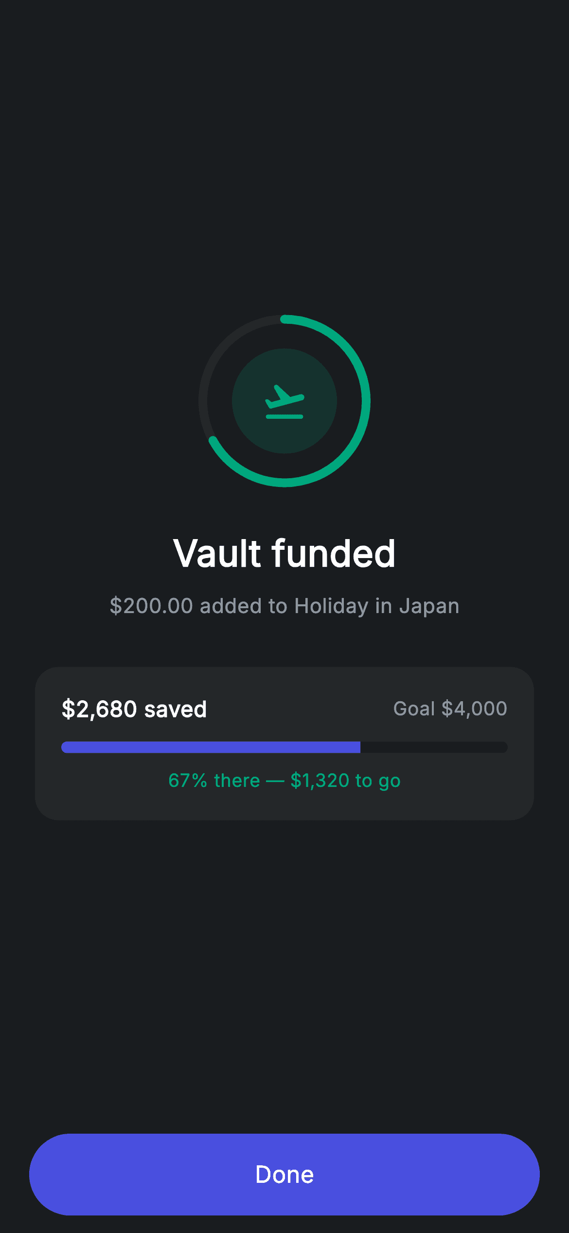 Vault Funded — Fintech Flutter screen