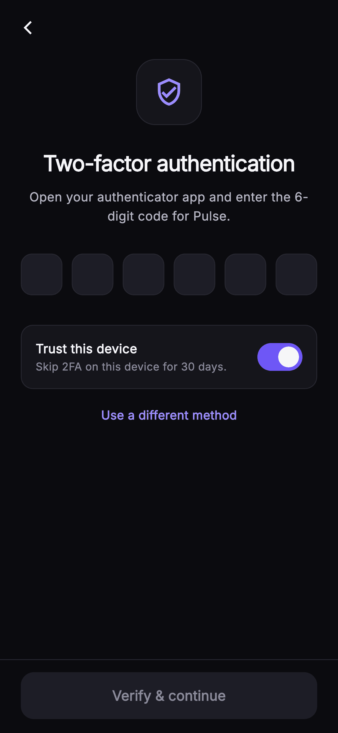 Pulse · Two-Factor — Social Flutter UI screen