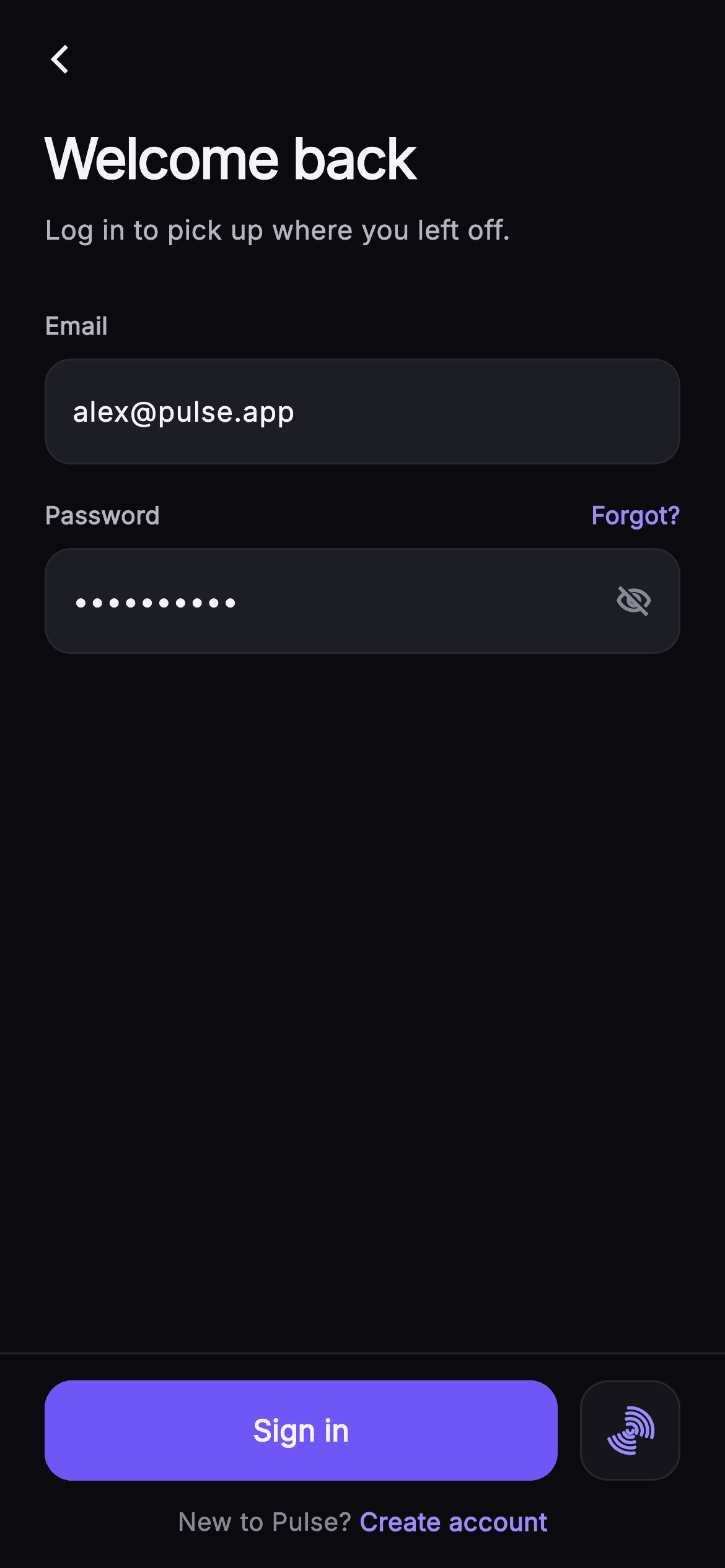 Pulse · Log In — Social Flutter UI screen