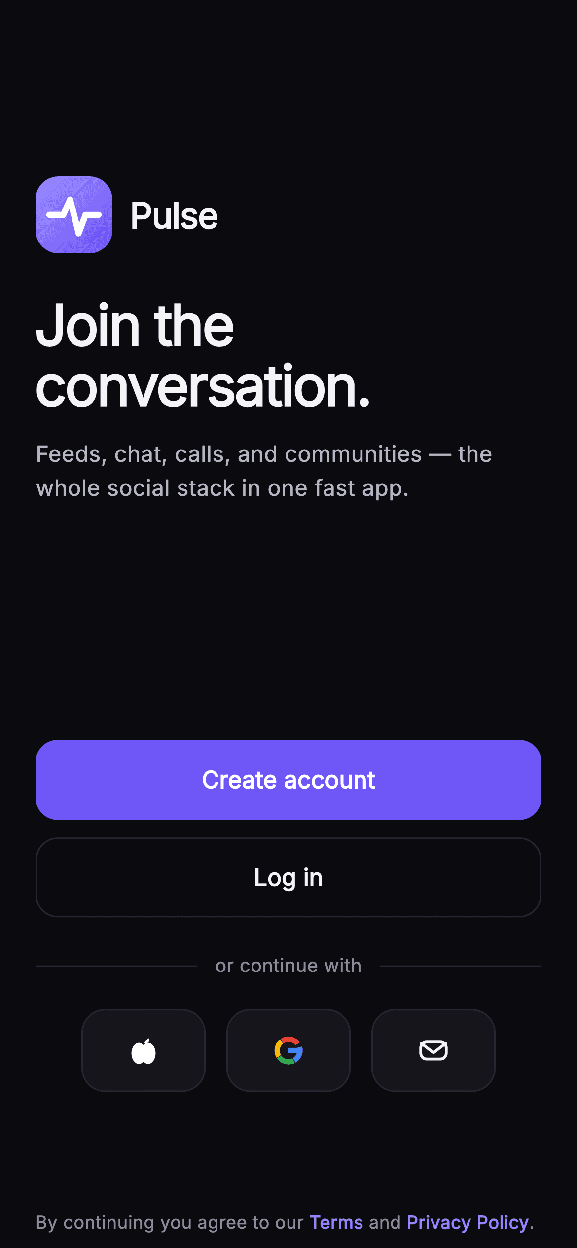 Pulse · Welcome — Social Flutter screen