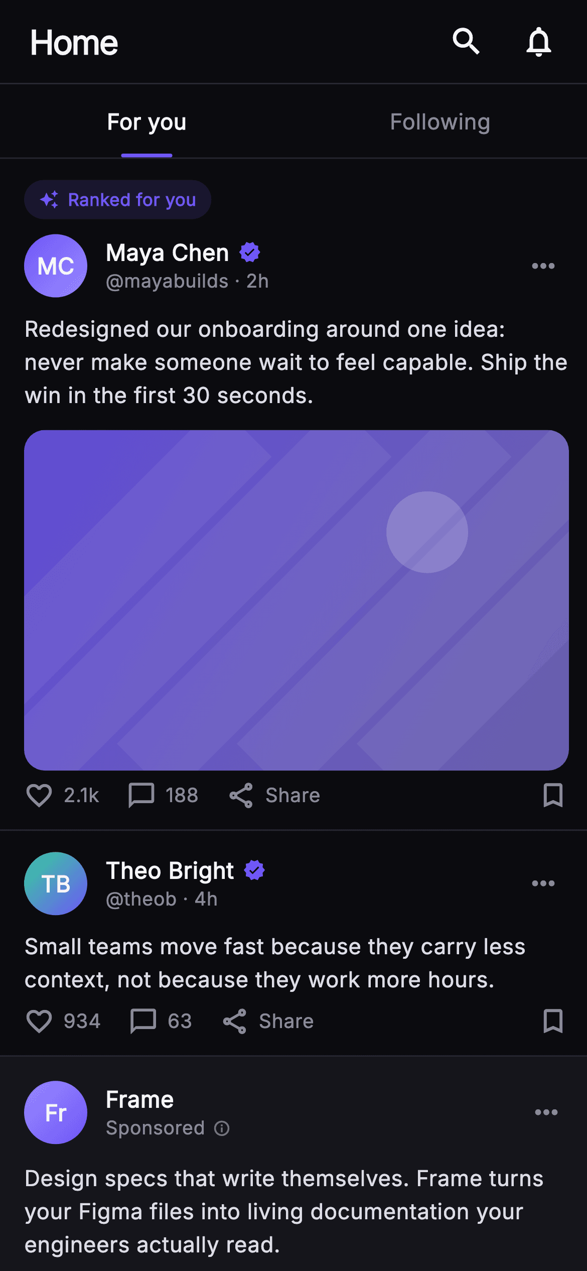 Pulse · For You Feed — Social Flutter UI screen