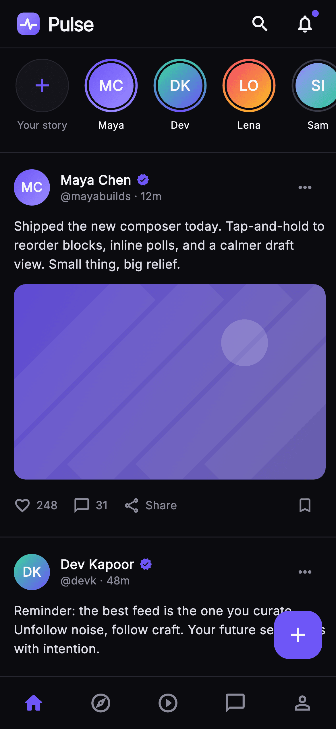 Pulse · Home Feed — Social Flutter screen
