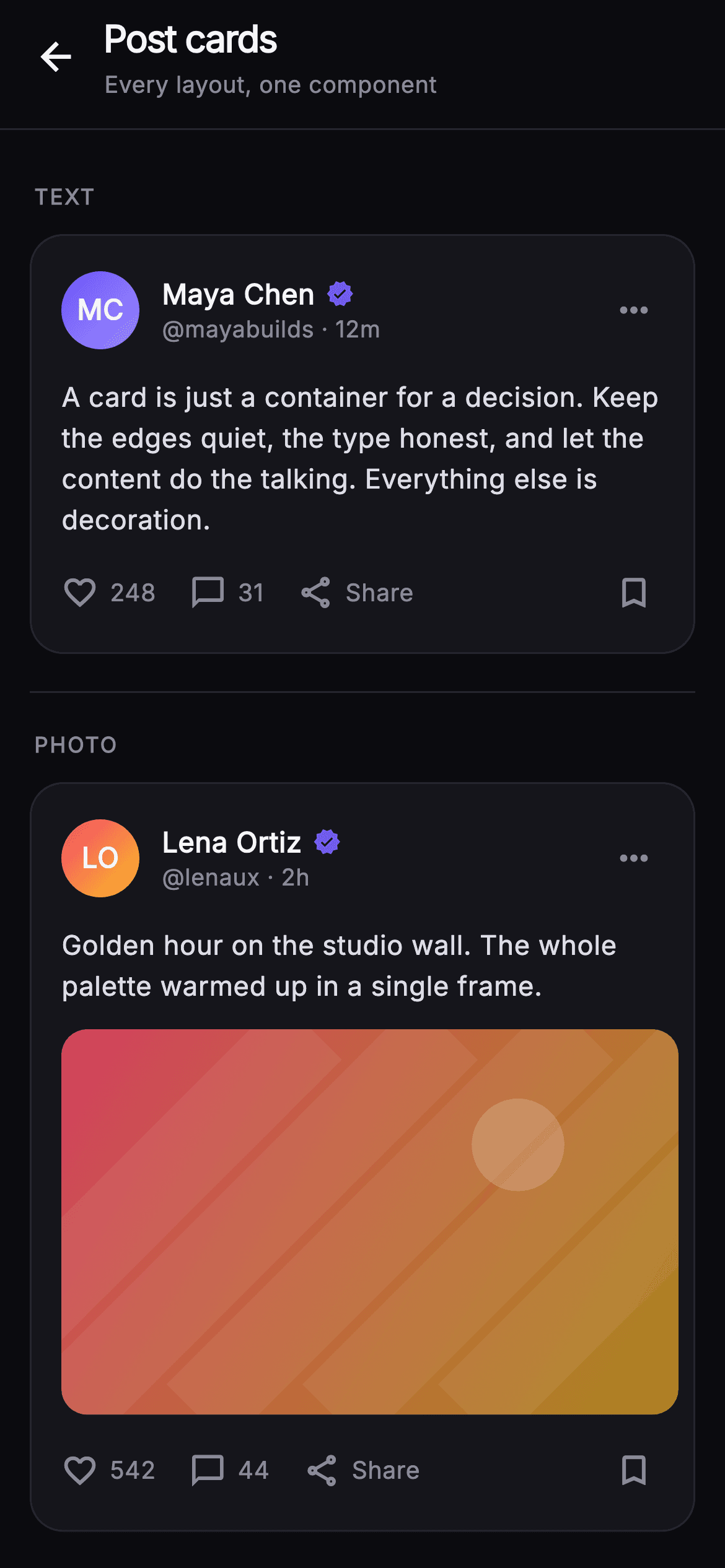 Pulse · Post Card States — Social Flutter screen