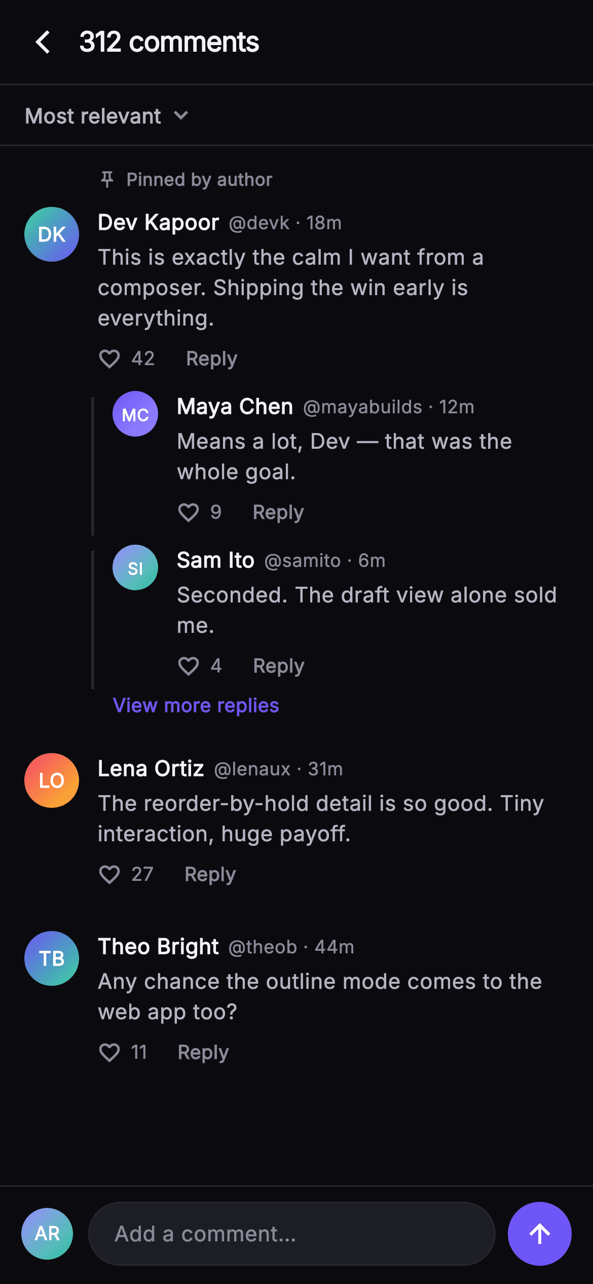Pulse · Comments Thread — Social Flutter screen