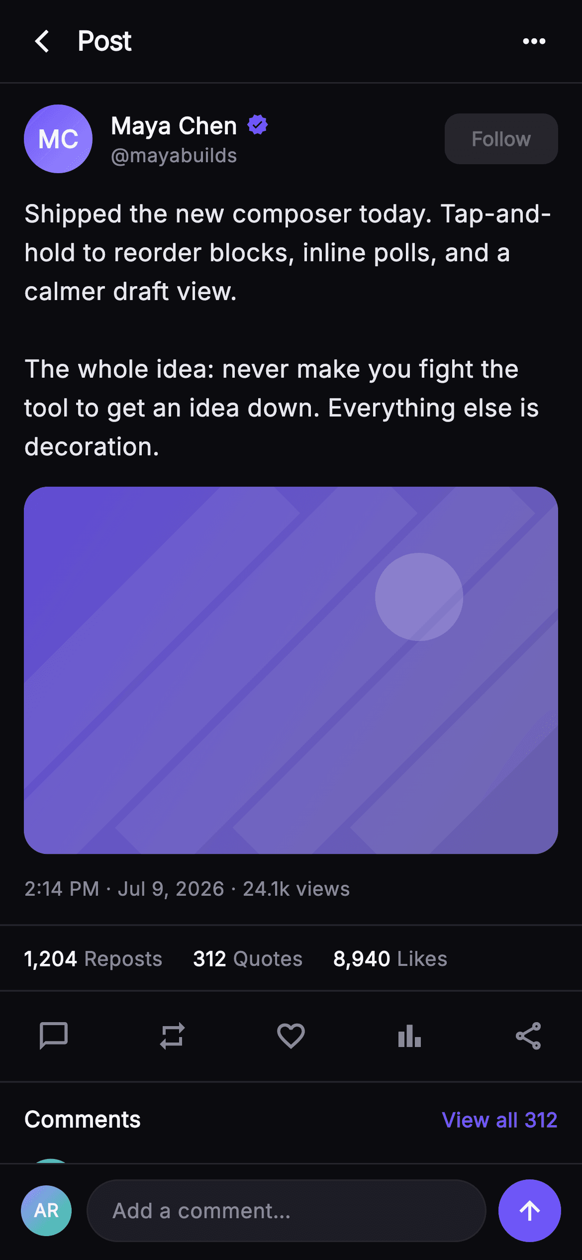 Pulse · Post Detail — Social Flutter screen