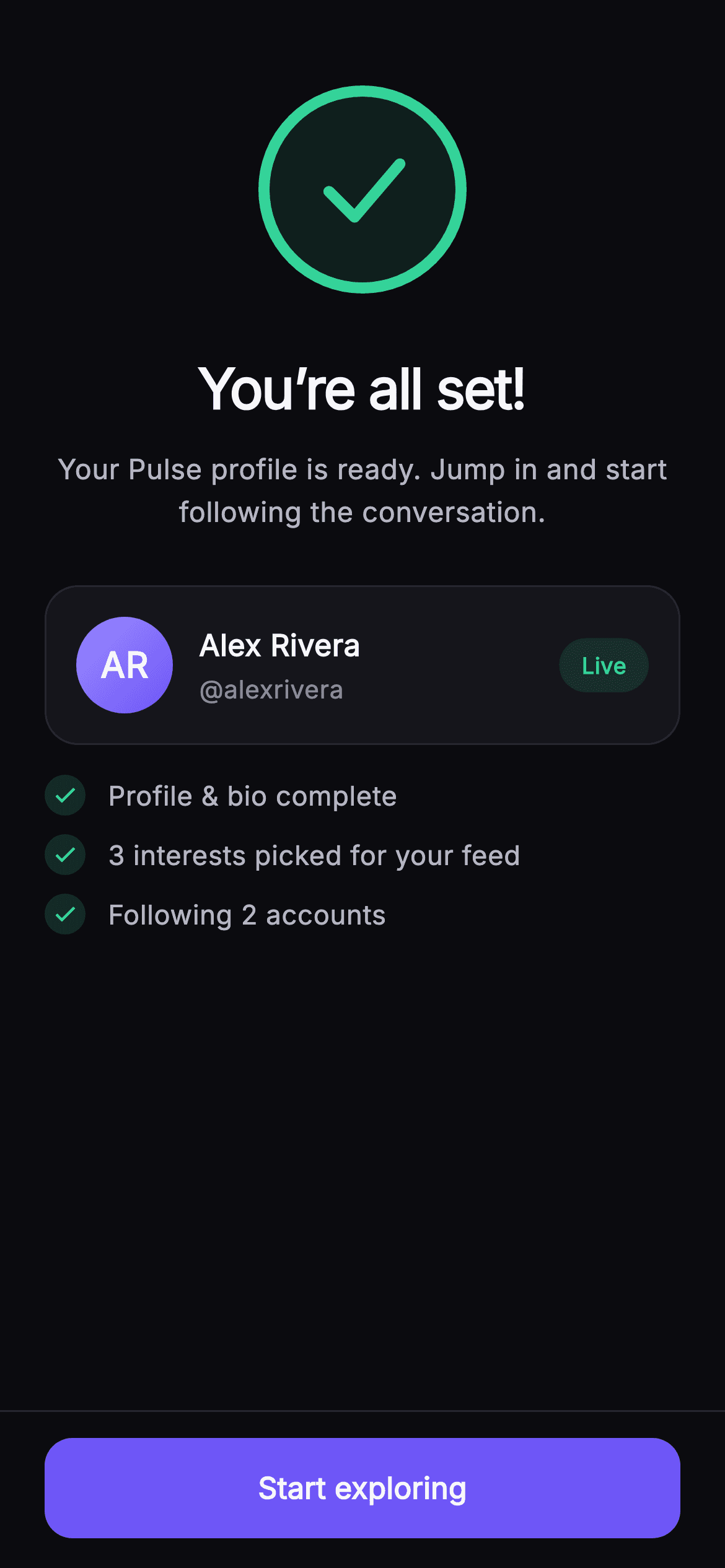 Pulse · All Set — Social Flutter UI screen