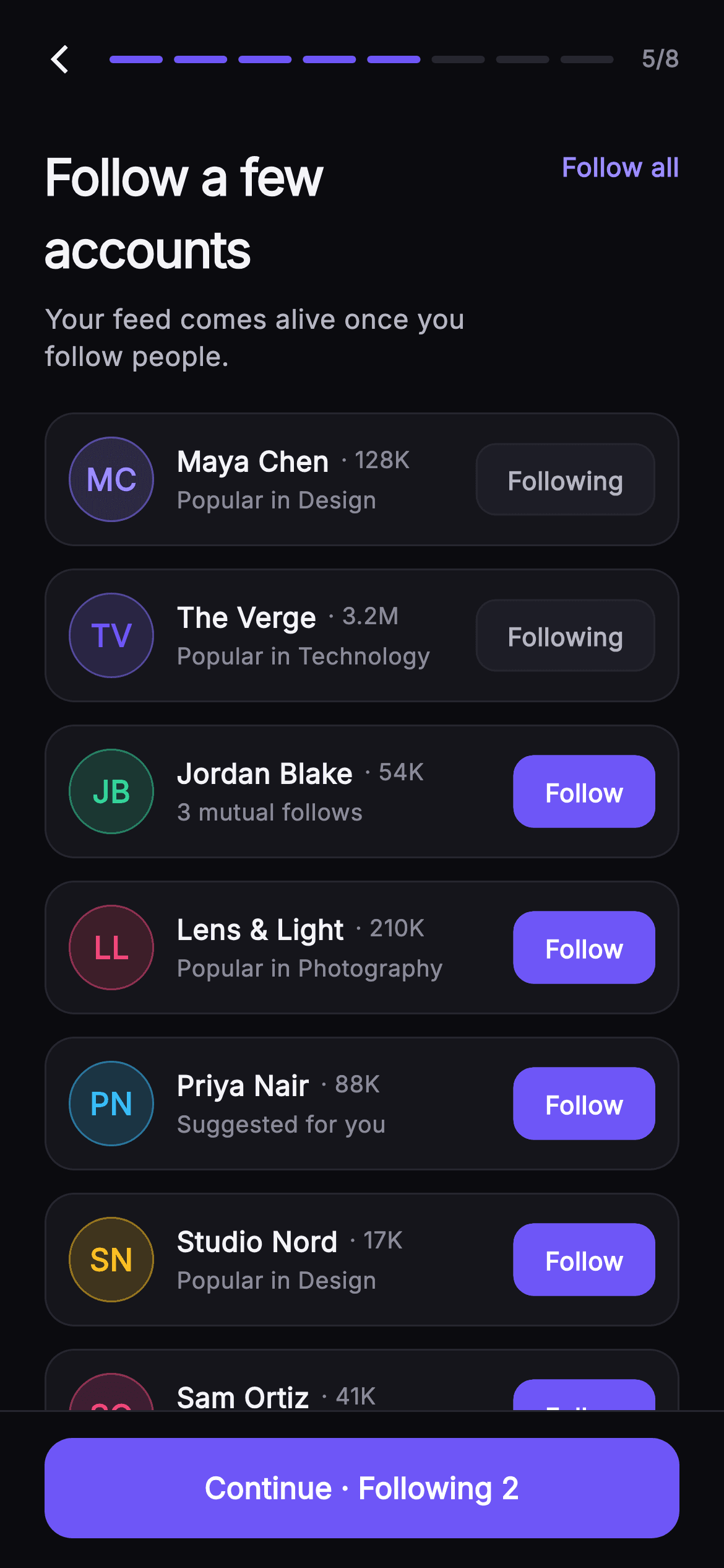 Pulse · Suggested Follows — Social Flutter UI screen