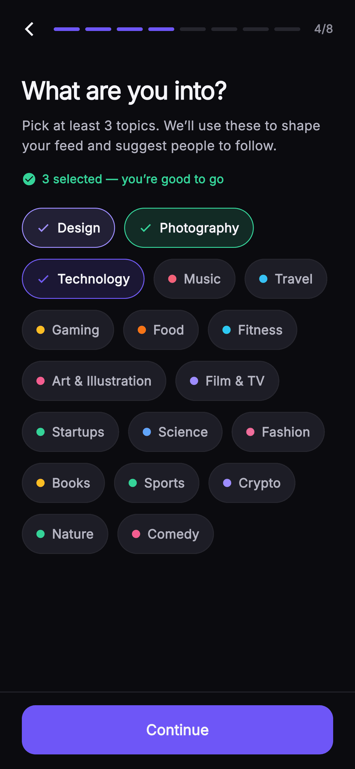 Pulse · Pick Interests — Social Flutter UI screen