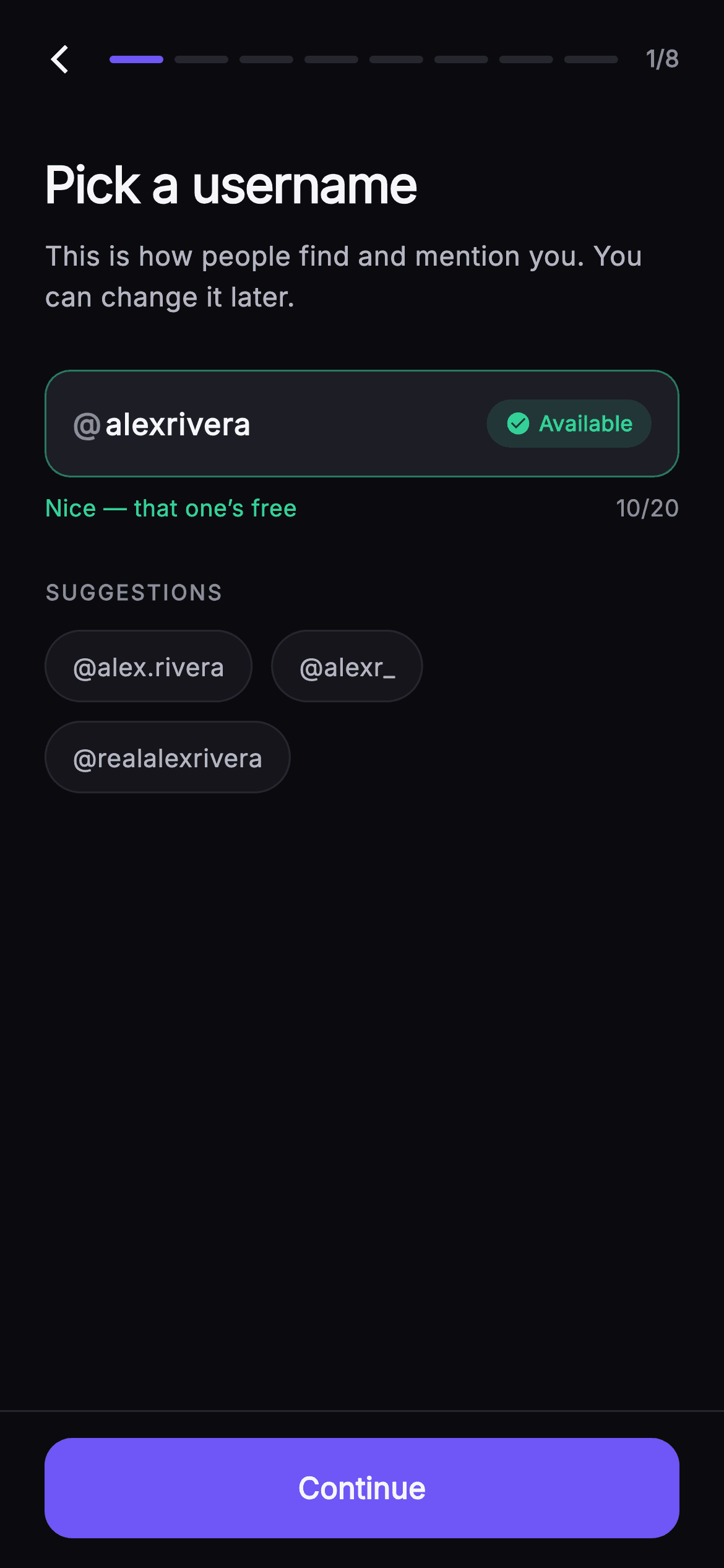 Pulse · Pick Username — Social Flutter screen