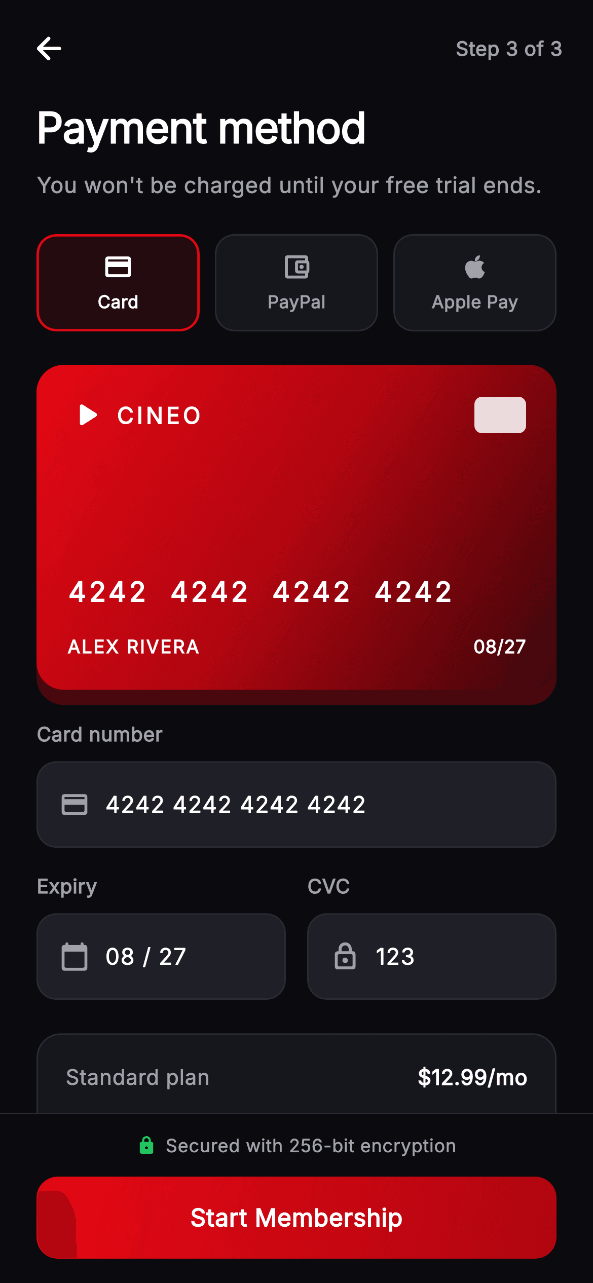 Cineo · Payment Method — Streaming Flutter screen