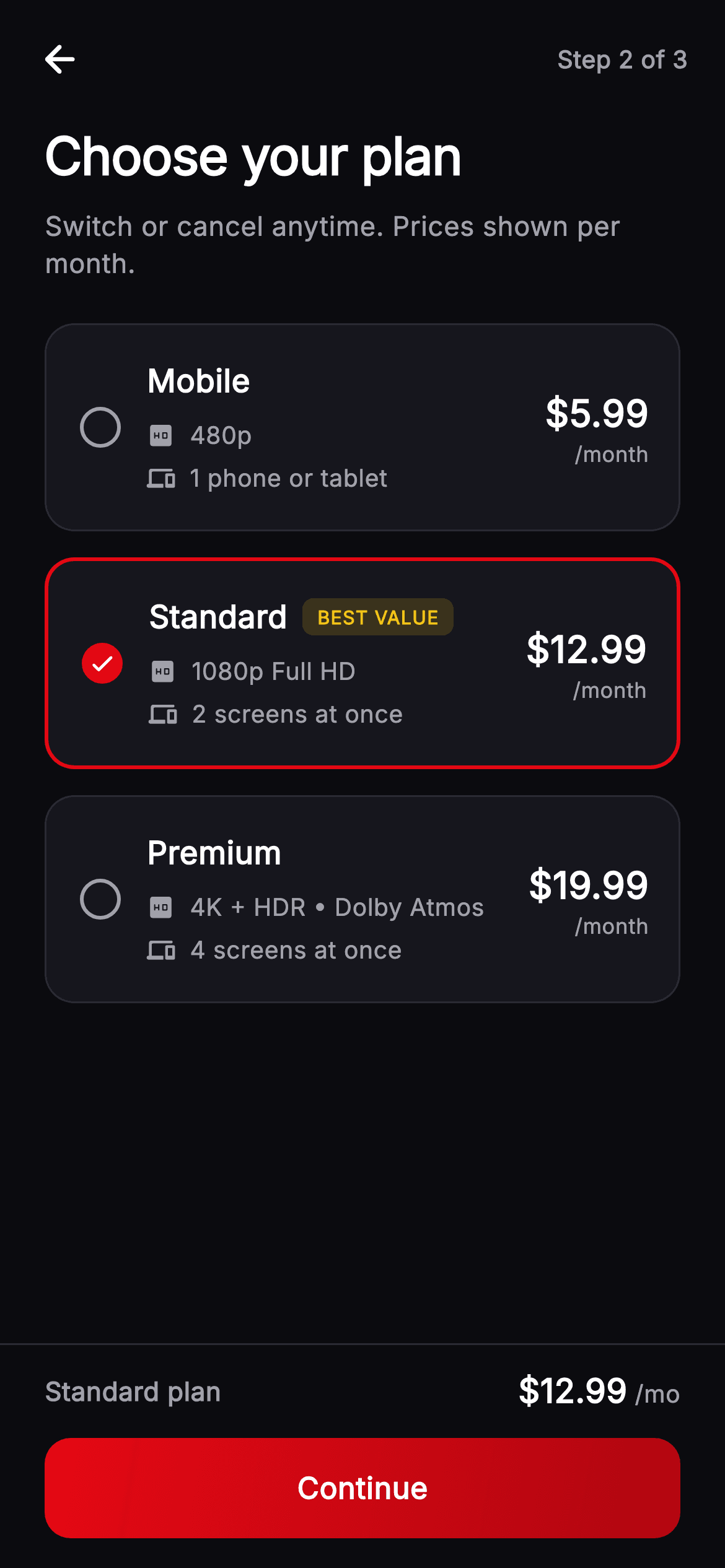 Cineo · Choose Your Plan — Streaming Flutter screen
