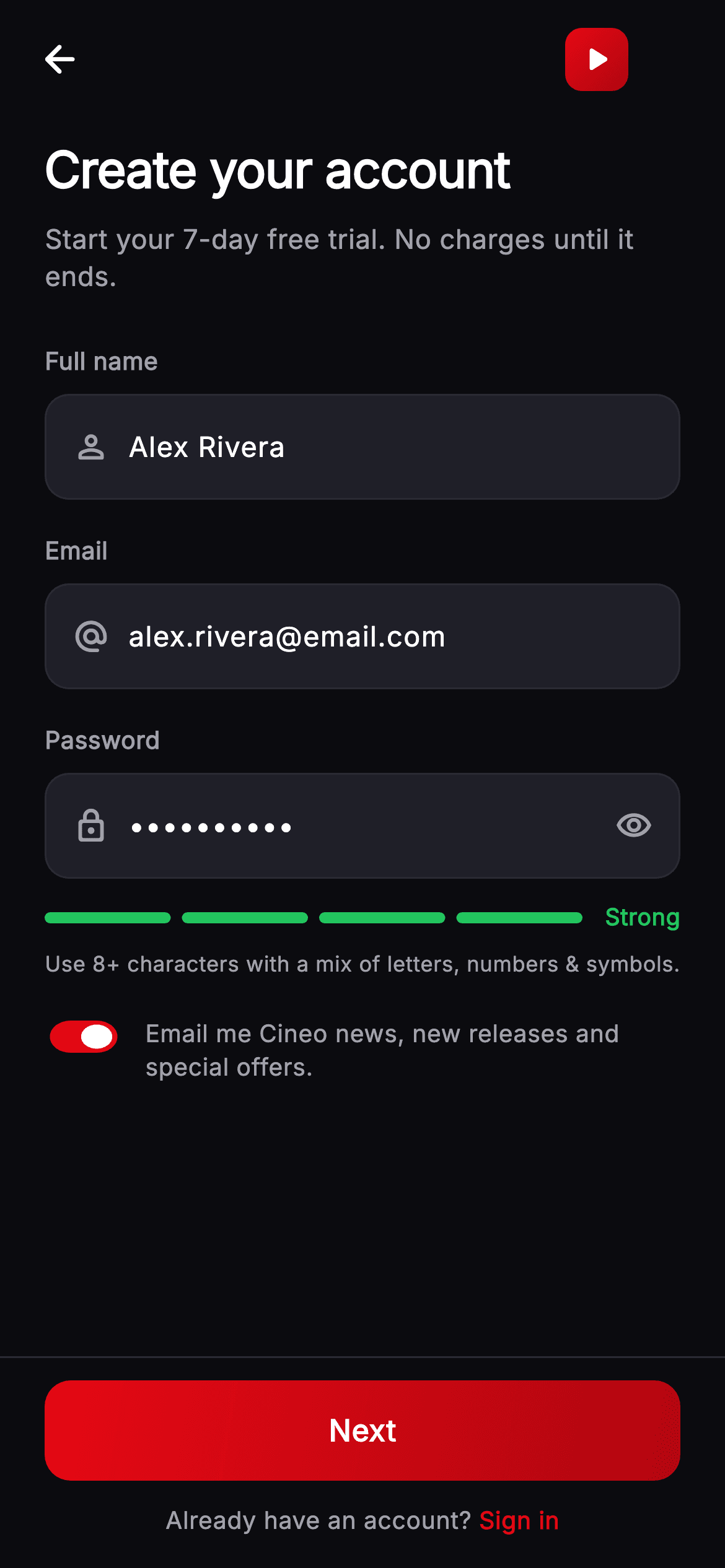 Cineo · Create Account — Streaming Flutter screen