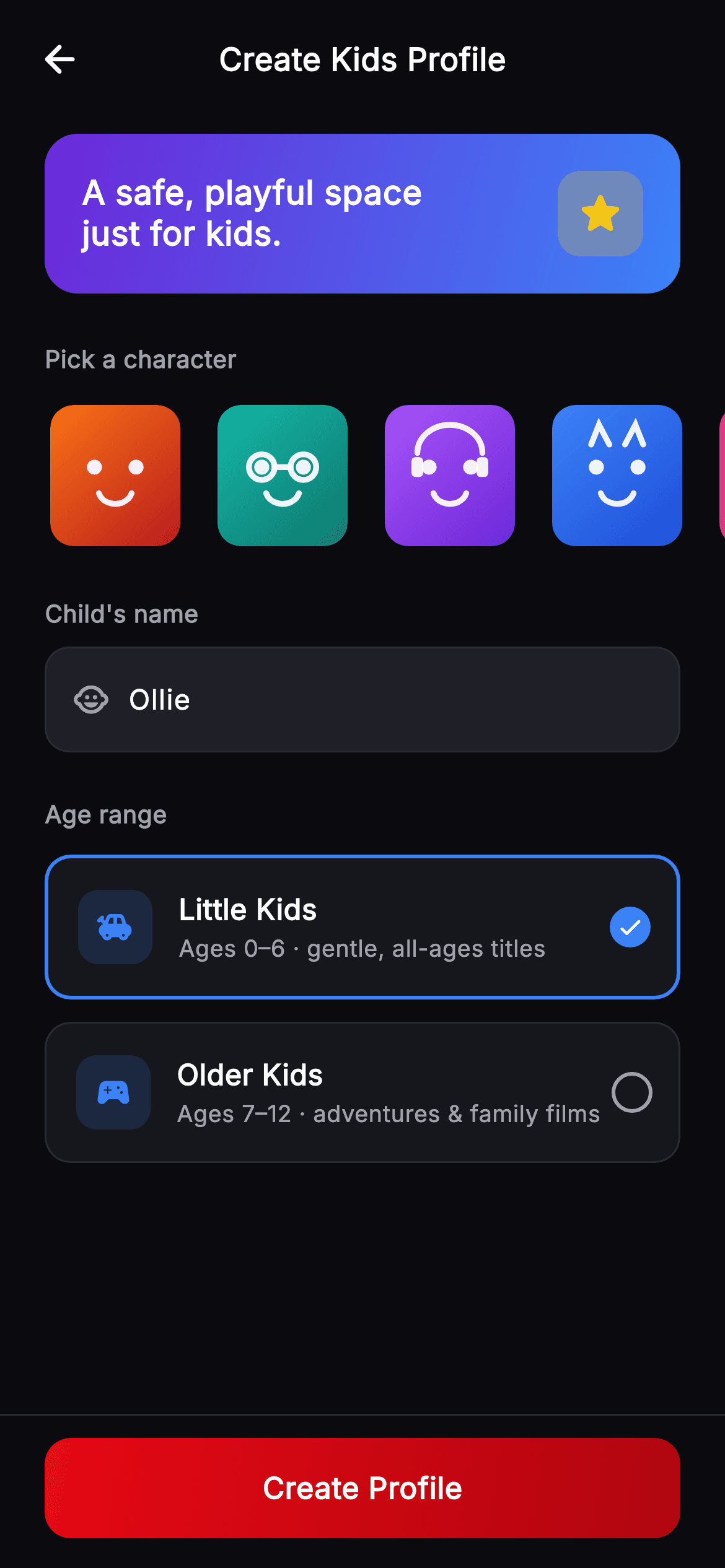 Cineo · Create Kids Profile — Streaming Flutter screen