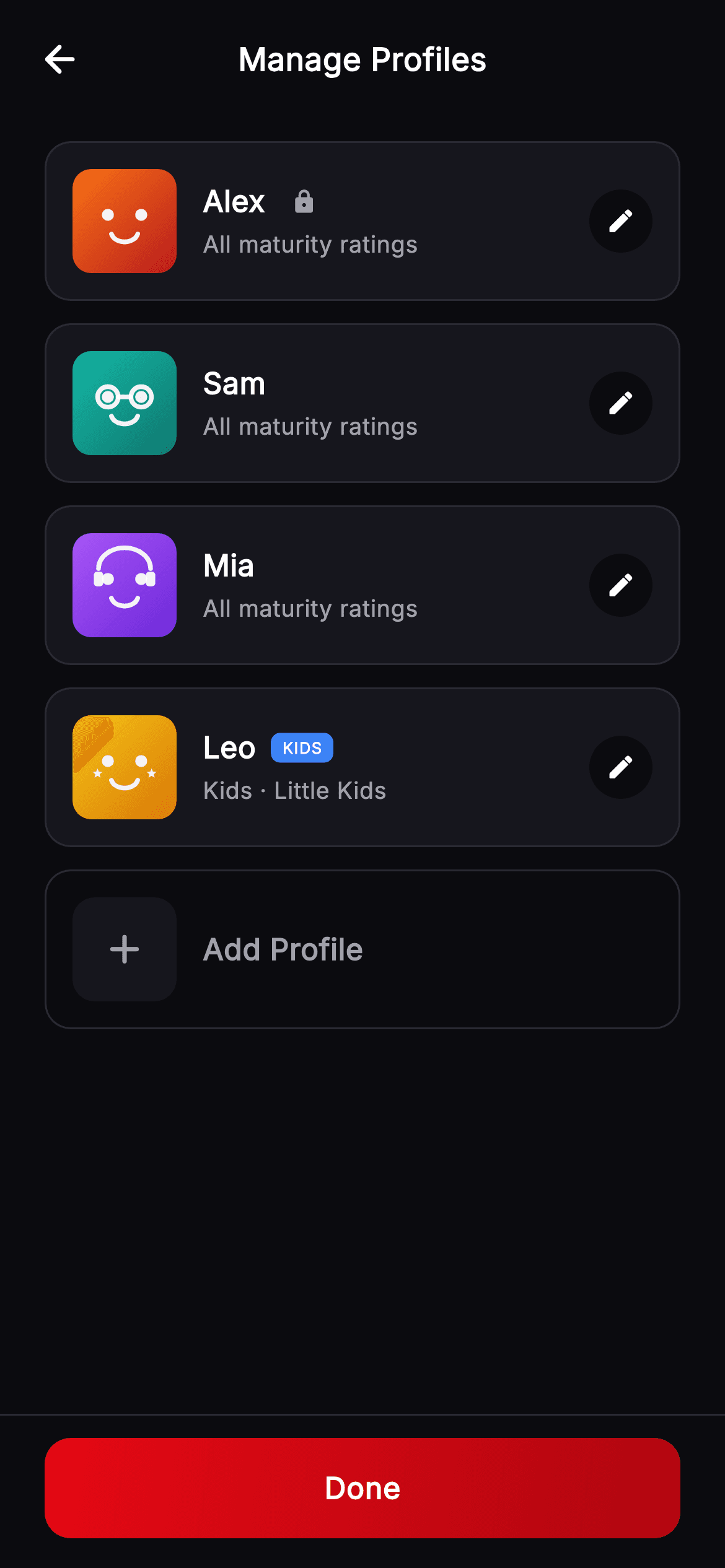 Cineo · Manage Profiles — Streaming Flutter screen