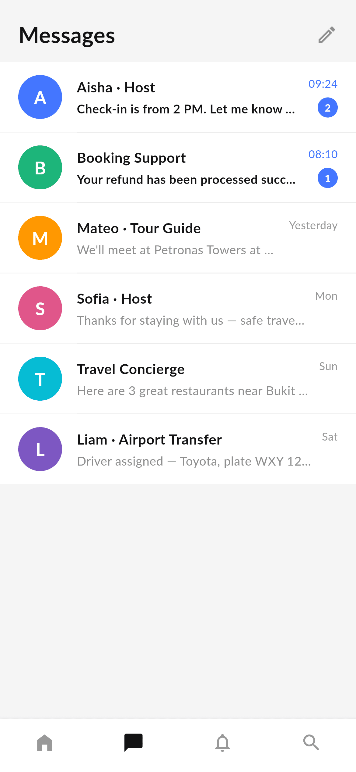Travel · Messages — Travel Flutter screen