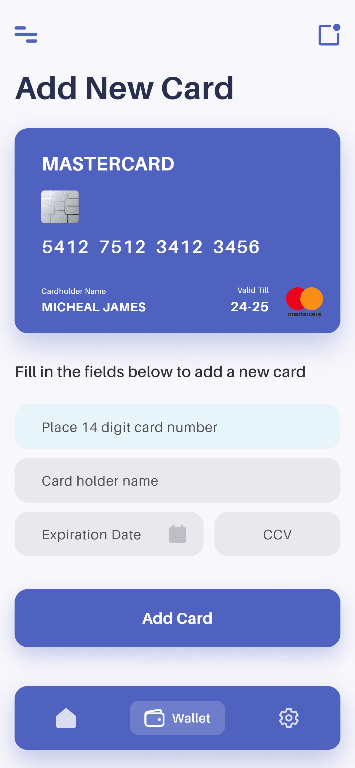 Wallet · Add Card — Finance Flutter screen