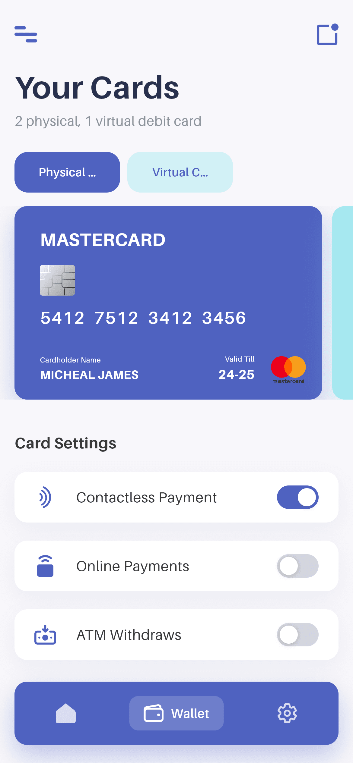 Wallet · Your Cards — Finance Flutter screen