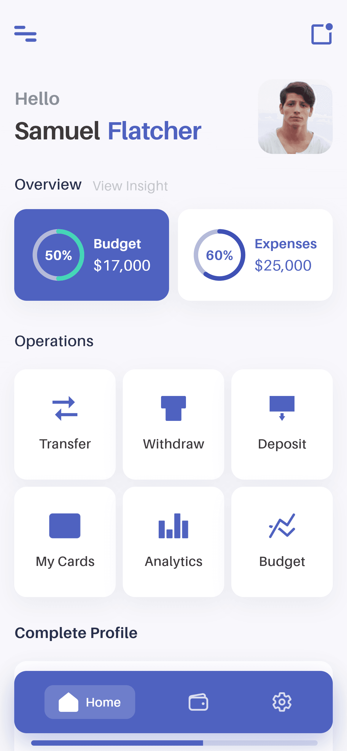 Wallet · Home — Finance Flutter screen