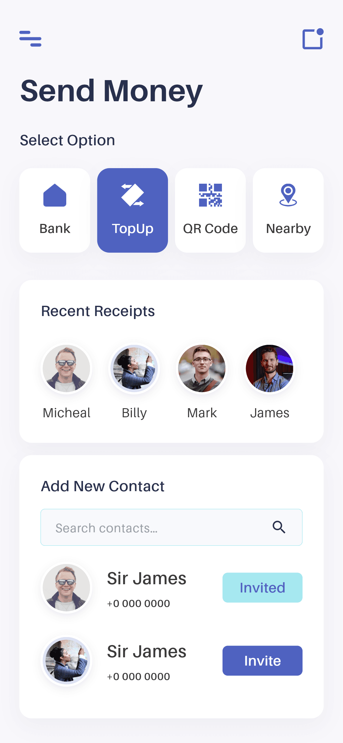 Wallet · Send Money — Finance Flutter screen
