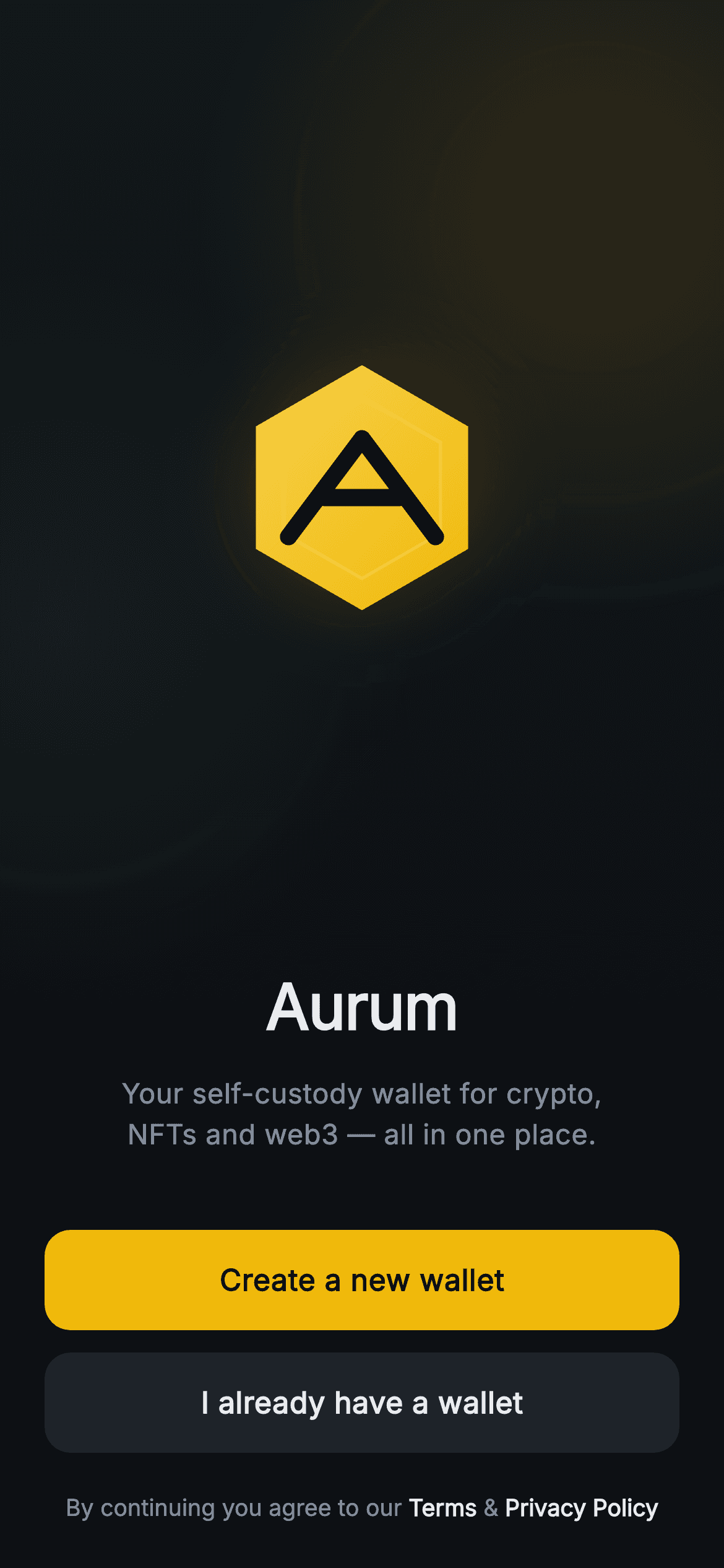 Aurum · Welcome — Web3 Flutter screen