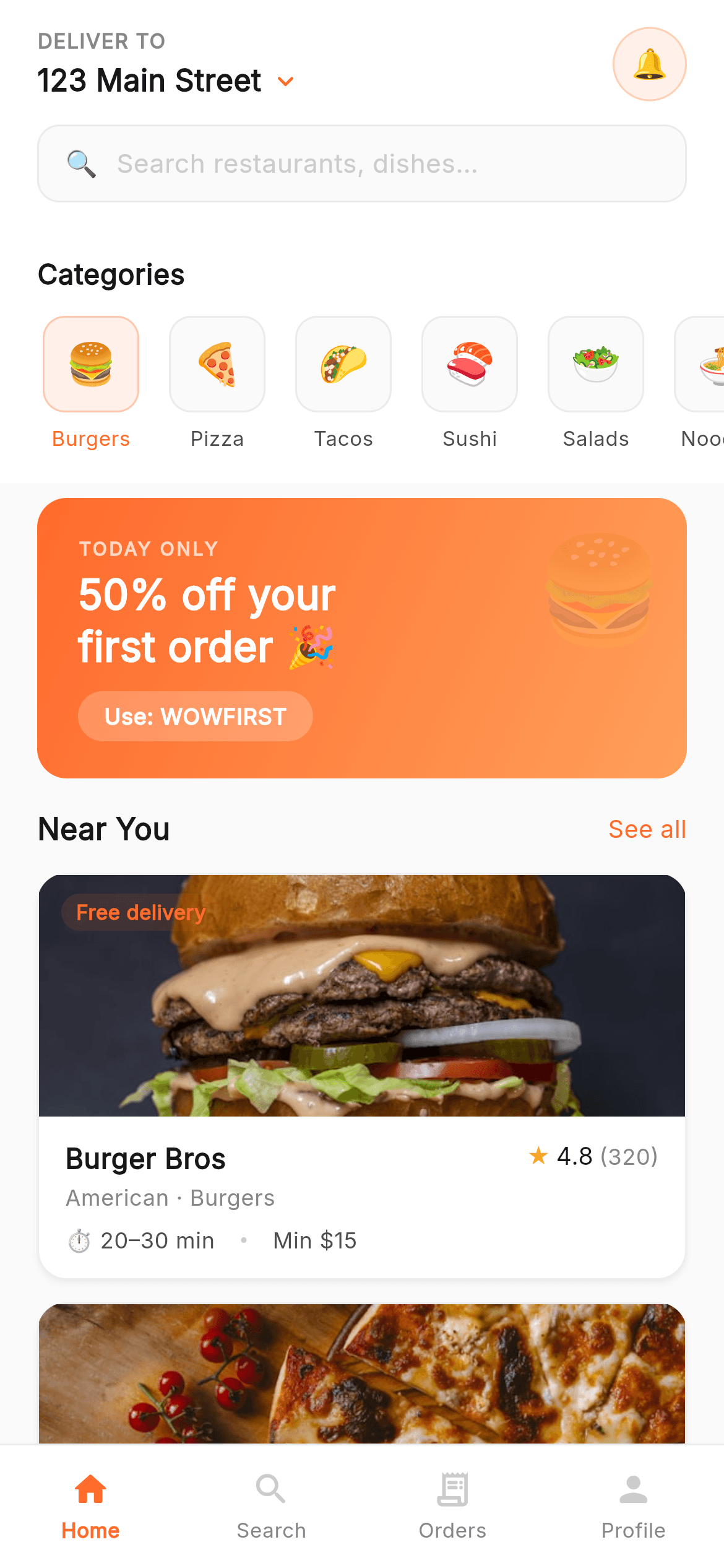 Wow Food · Home — Food Delivery Flutter screen